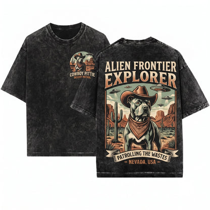 Vintage Retro Western Cowboy Pitbull UFO Alien Dog Owner Gift Unisex Wash T-Shirt
