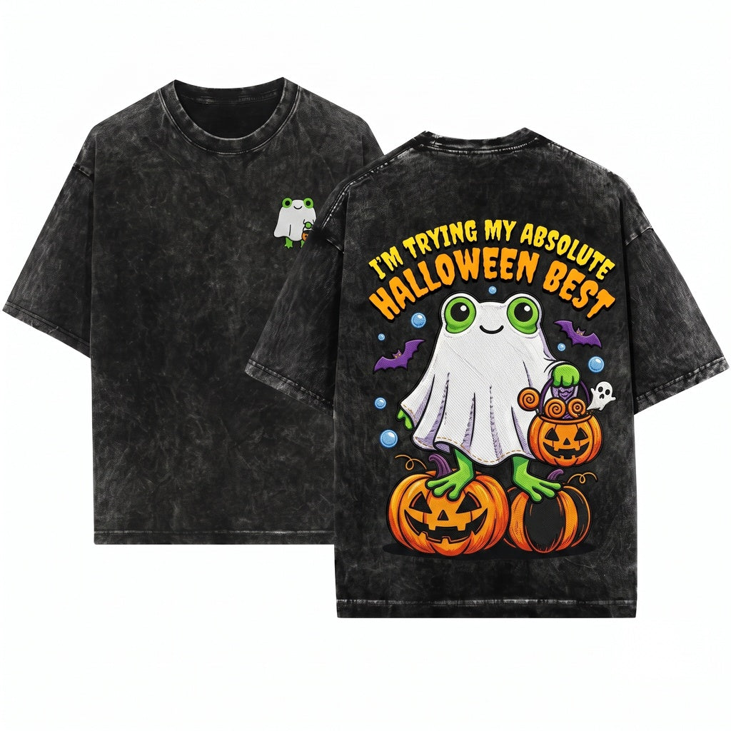 Im Trying My Best Frog Embroidered Cute Ghost Halloween Kawaii Fall Spooky Season Gift Unisex Wash T-Shirt