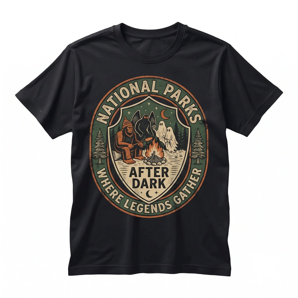 Cryptid Camping National Parks After Dark Bigfoot Mothman Ghost Alien Graphic Unisex TShirt