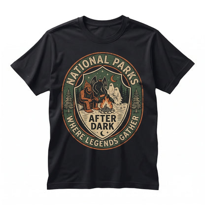 Cryptid Camping National Parks After Dark Bigfoot Mothman Ghost Alien Graphic Unisex TShirt
