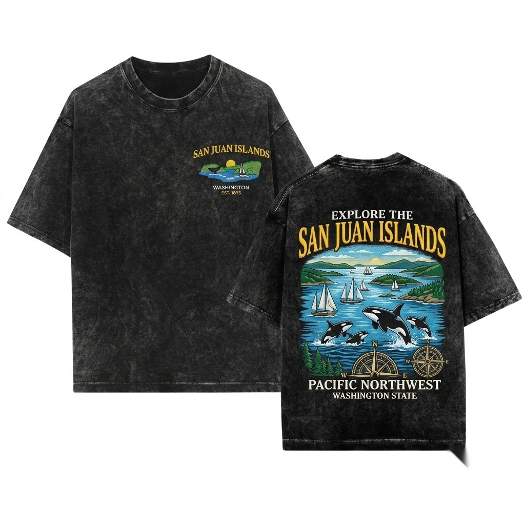 San Juan Islands Washington PNW Orca Whale Coastal Nature Embroidered Unisex Wash T-Shirt