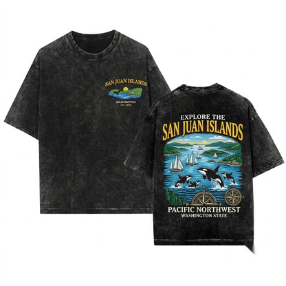 San Juan Islands Washington PNW Orca Whale Coastal Nature Embroidered Unisex Wash T-Shirt