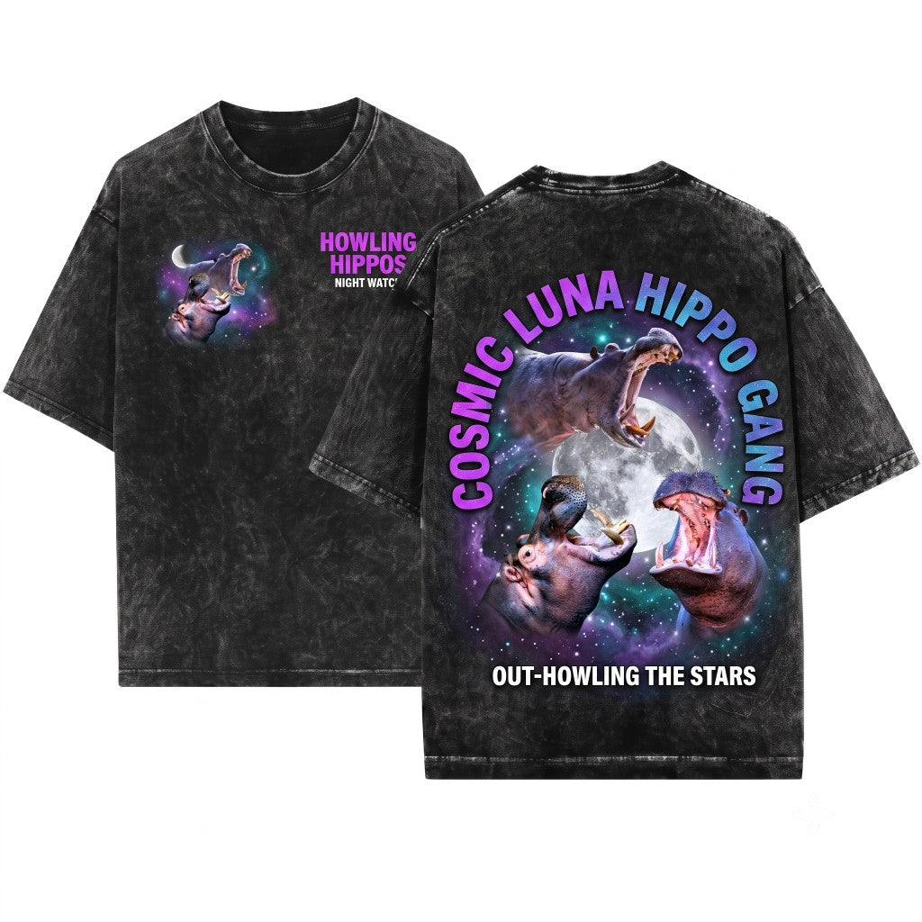 Three Hippo Retro Vintage Moon Funny Oversized Washed Unisex Wash T-Shirt