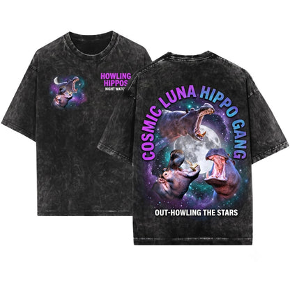 Three Hippo Retro Vintage Moon Funny Oversized Washed Unisex Wash T-Shirt