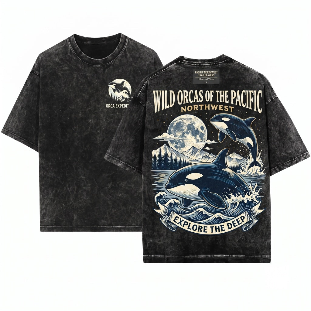Old School Orca Graphic Moonlit Ocean Animal Retro Coastal Nature Style Marine Gift Unisex Wash T-Shirt