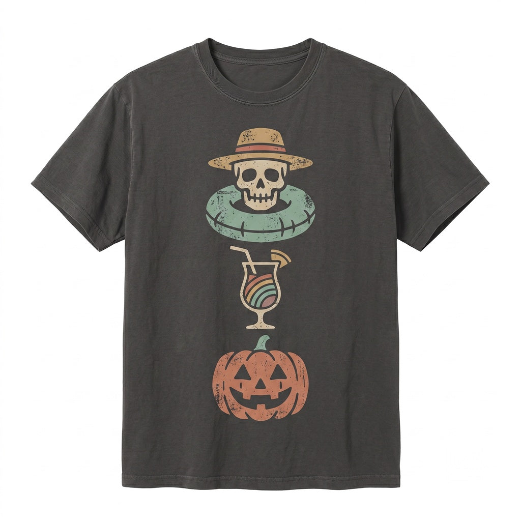 Skeleton Halloween Beach Spooky Summer Vacation Pumpkin Cocktail Drink Graphic Apparel Unisex TShirt