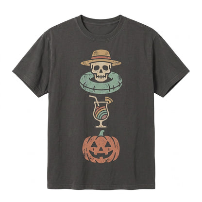 Skeleton Halloween Beach Spooky Summer Vacation Pumpkin Cocktail Drink Graphic Apparel Unisex TShirt