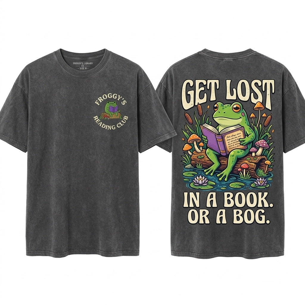 Frog Reading On A Log Embroidered Mushroom Cute Amphibian Nature Lover Gift Unisex Wash T-Shirt