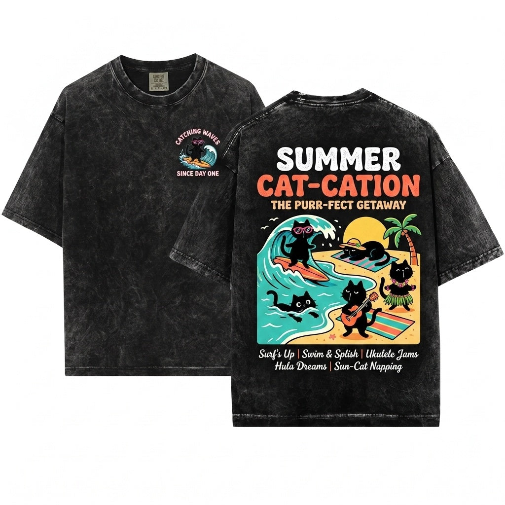 Funny Hawaiian Beach Vacation Surfing Tropical Black Cat Lover Graphic Unisex Wash T-Shirt