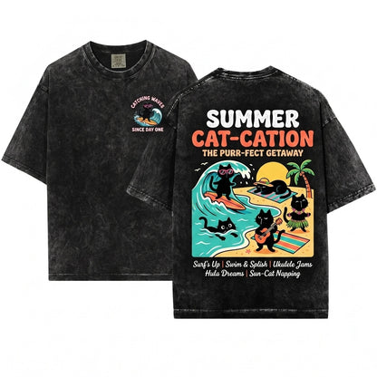 Funny Hawaiian Beach Vacation Surfing Tropical Black Cat Lover Graphic Unisex Wash T-Shirt