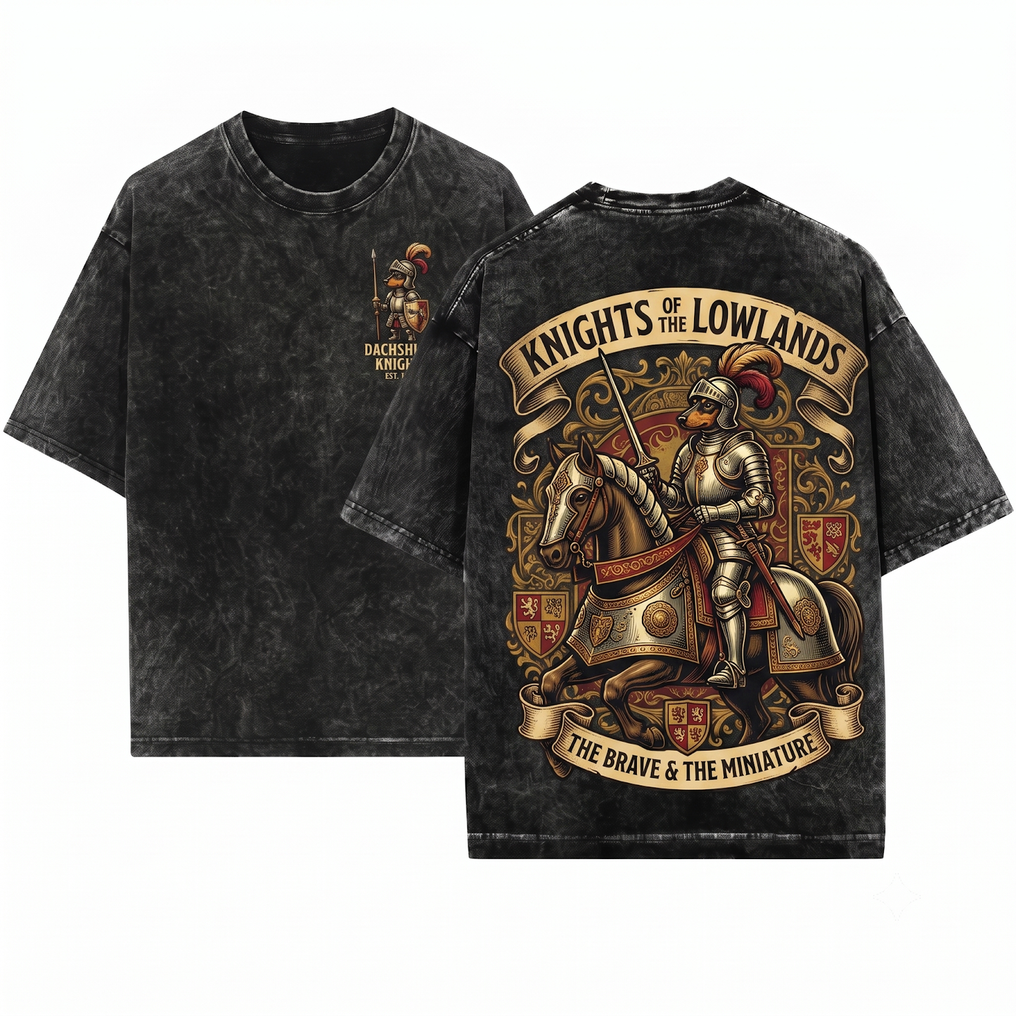 Dachshund Medieval Knight Graphic Tee Funny Armor Weenie Dog Vintage Style Apparel Quirky Historical Pet Lover Gift Unisex Heavyweight Garment-Dyed T-Shirt