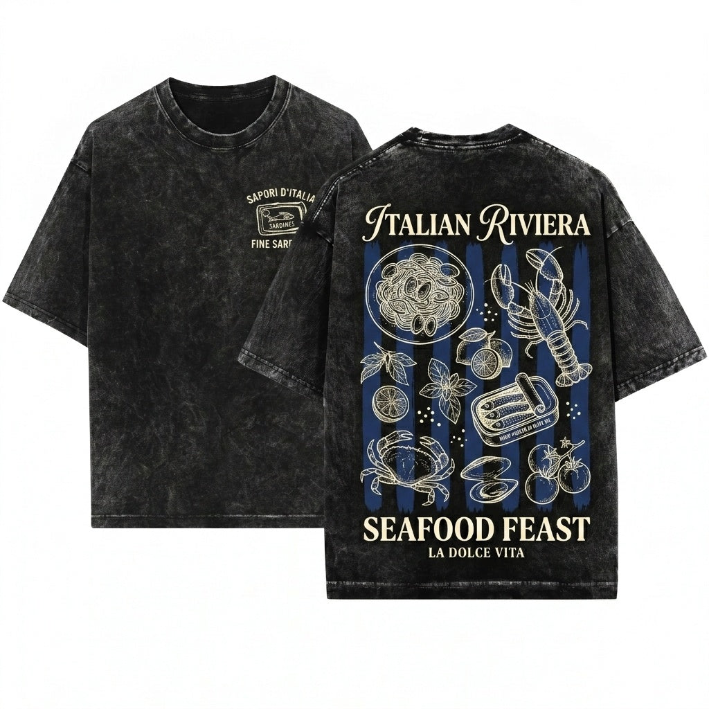 La Dolce Vita Coastal Seafood Graphic Vintage Summer Ocean Unisex Wash T-Shirt
