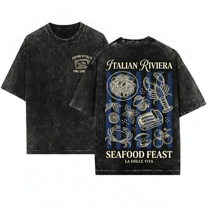 La Dolce Vita Coastal Seafood Graphic Vintage Summer Ocean Unisex Wash T-Shirt
