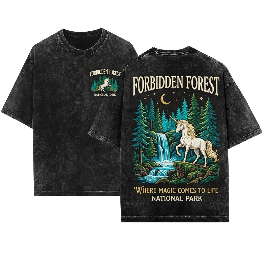 Forbidden Forest National Park Magical Wizard School Inspired Unicorn Book Lovers Bookish Unisex Wash T-Shirt