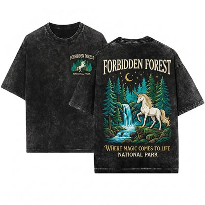 Forbidden Forest National Park Magical Wizard School Inspired Unicorn Book Lovers Bookish Unisex Wash T-Shirt