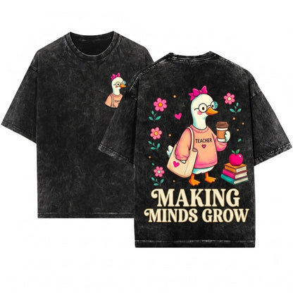 Vintage Goose Coffee Floral Teacher Morning Routine Cozy Bookish Lifestyle Graphic Gift Unisex Wash T-Shirt
