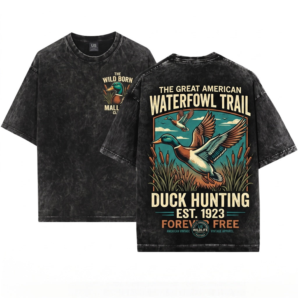 Old School Mallard Duck Graphic Flying Waterfowl Wildlife Rustic Hunting Nature Outdoorsman Gift Unisex Wash T-Shirt