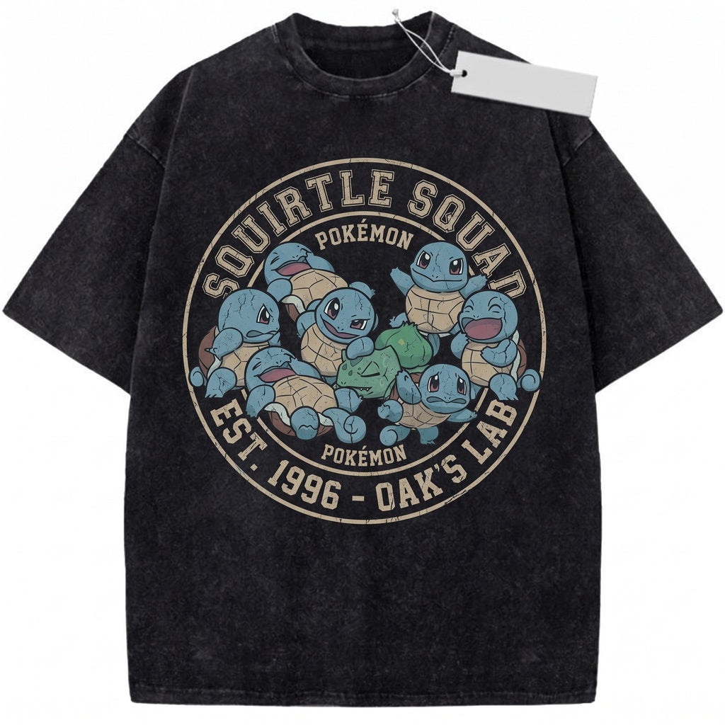Vintage Squirtle Washed Cute Expressions Graphic Kawaii Oversized Japanese Anime Blue Turtle Unisex TShirt