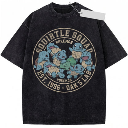 Vintage Squirtle Washed Cute Expressions Graphic Kawaii Oversized Japanese Anime Blue Turtle Unisex TShirt