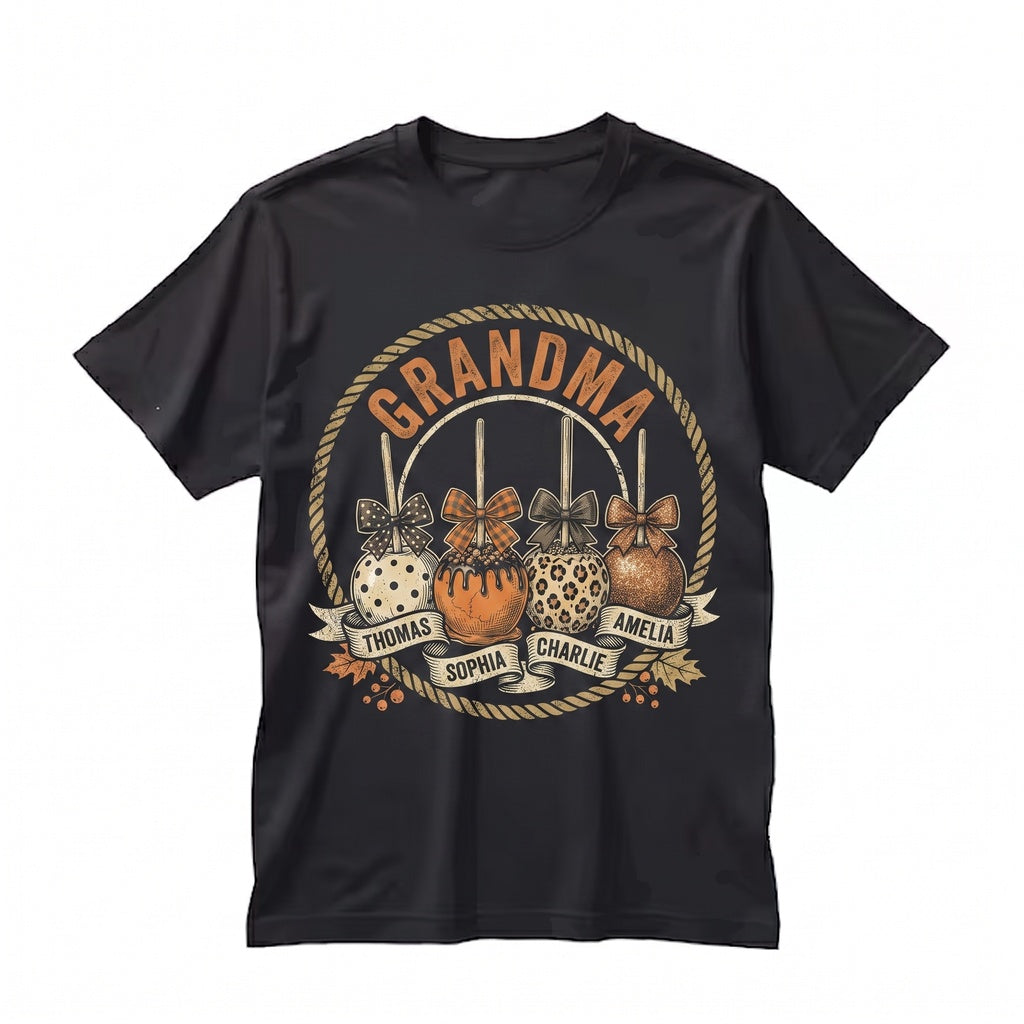Personalized Grandma Caramel Candy Apple Autumn Coquette Vintage Graphic Customized Kids Name Gift Unisex TShirt