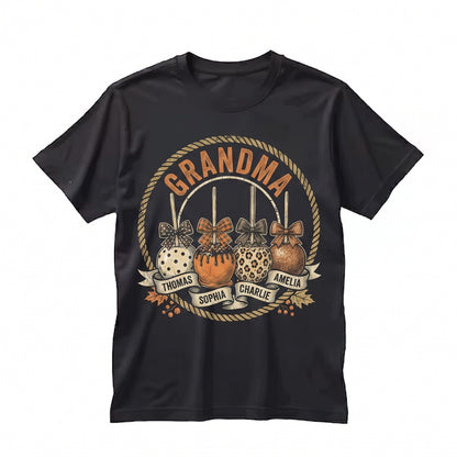 Personalized Grandma Caramel Candy Apple Autumn Coquette Vintage Graphic Customized Kids Name Gift Unisex TShirt
