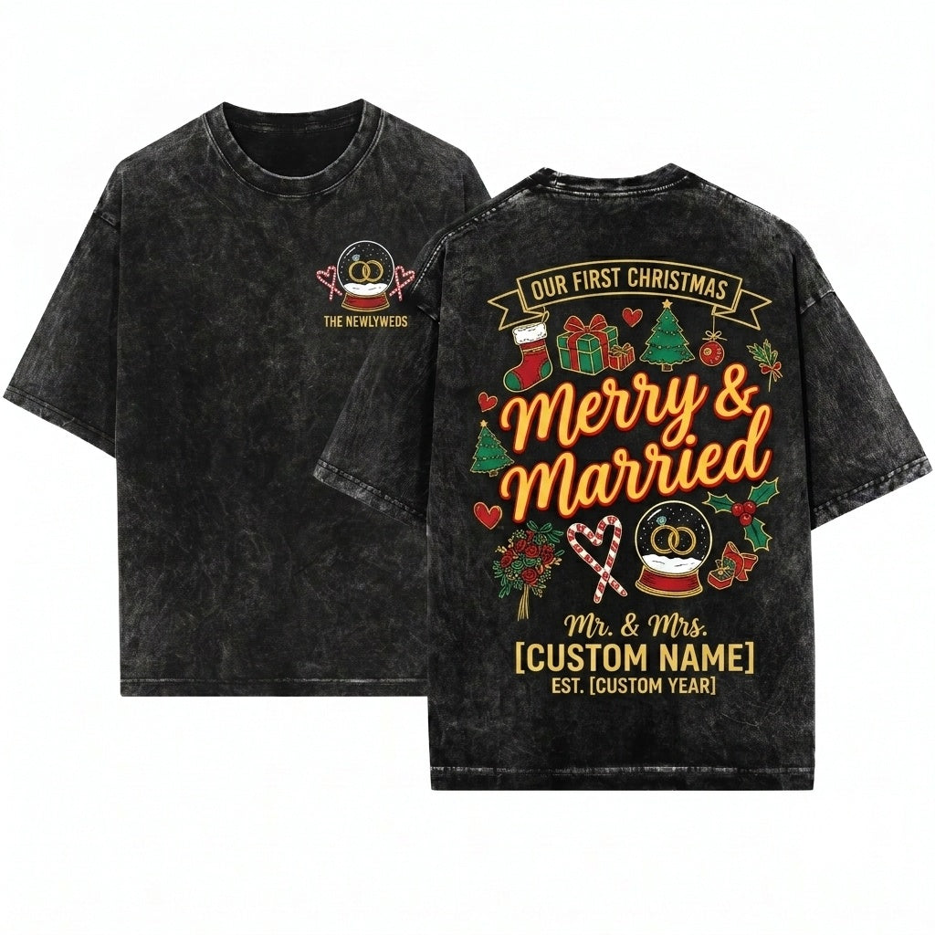 Merry Married Newlywed Custom Name Couples Holiday Wedding Christmas Xmas Line Art Sublimation PNG Unisex Wash T-Shirt