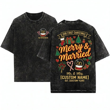 Merry Married Newlywed Custom Name Couples Holiday Wedding Christmas Xmas Line Art Sublimation PNG Unisex Wash T-Shirt