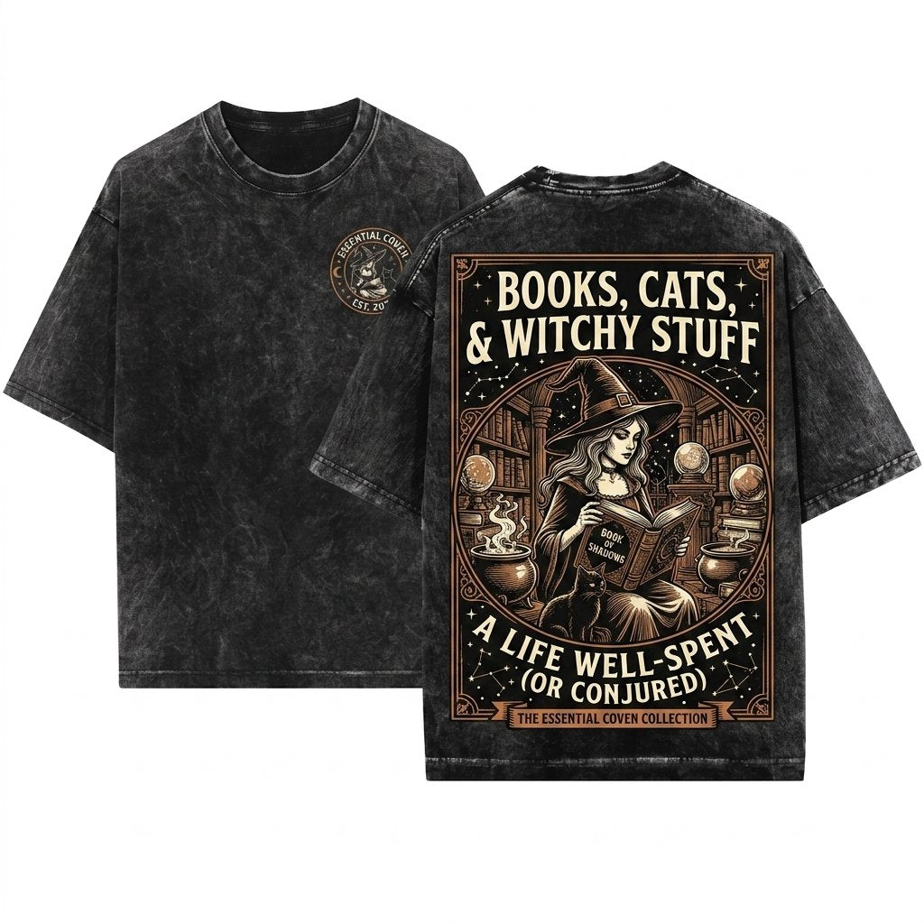 Books Cats Witchy Stuff Cute Halloween Mystic Salem Girlfriend Unisex Wash T-Shirt