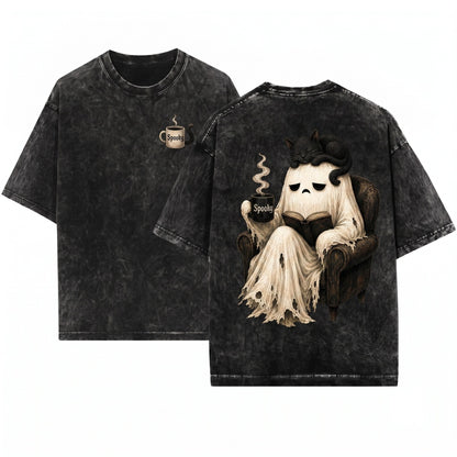 Cute Ghost Reading Book Black Cat Spooky Coffee Halloween Graphic Lover Gift Unisex Wash T-Shirt