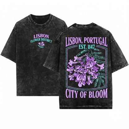 Portugal Floral Vintage Travel Jacaranda Botanical Graphic Unisex Wash T-Shirt