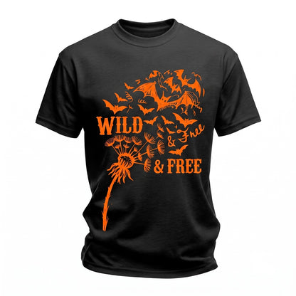 Wild And Free Dandelion Spooky Flying Orange Bat Halloween Nature Gift Retro Unisex TShirt