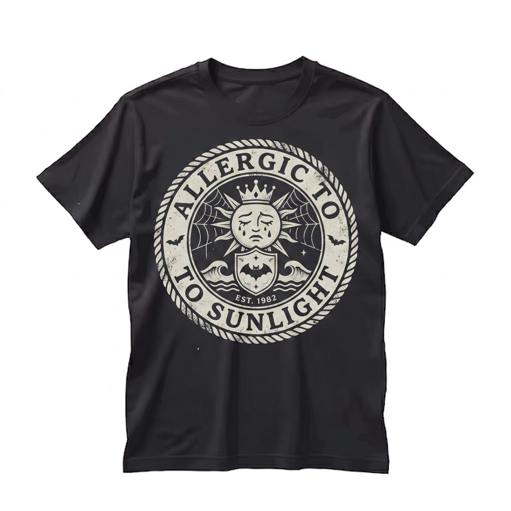 Allergic To Sunlight Funny Spooky Goth Black and White Alt Sarcastic Bat Summer Unisex TShirt