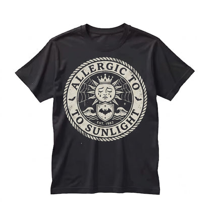 Allergic To Sunlight Funny Spooky Goth Black and White Alt Sarcastic Bat Summer Unisex TShirt