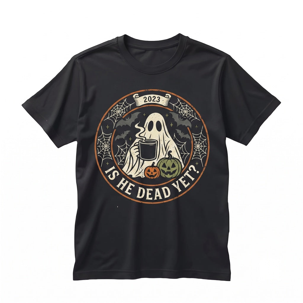 Funny Ghost Coffee Is He Dead Yet Pumpkin Halloween Autumn Cozy Graphic Fall Gift Unisex TShirt