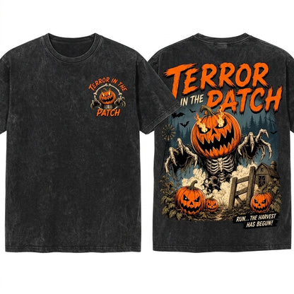 Terror in Patch Retro Halloween Midnight Harvest Pumpkin Monster Vintage Spooky Season Graphic Unisex Wash T-Shirt