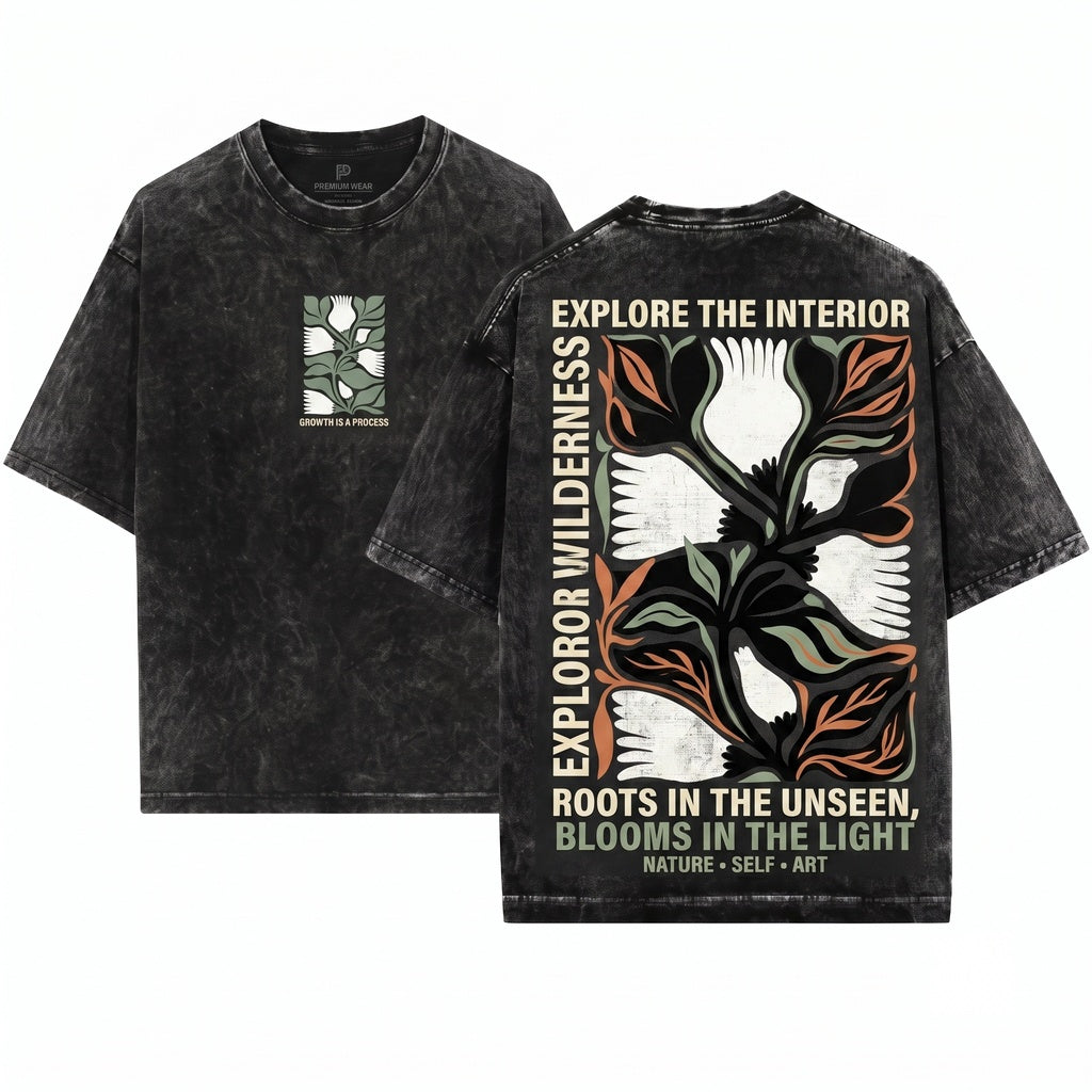 White Petal Flower Black Leaf Vintage Boho Nature Graphic Unisex Wash T-Shirt