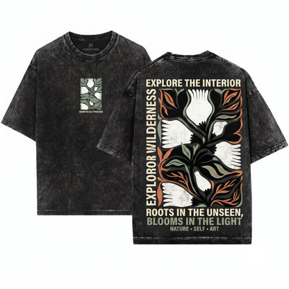 White Petal Flower Black Leaf Vintage Boho Nature Graphic Unisex Wash T-Shirt