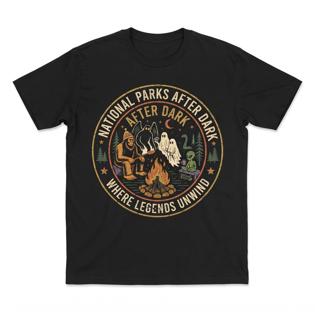 National Parks After Dark Cryptid Camping Apparel Bigfoot Mothman Ghost Alien Graphic Unisex TShirt