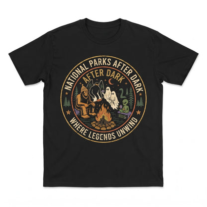 National Parks After Dark Cryptid Camping Apparel Bigfoot Mothman Ghost Alien Graphic Unisex TShirt