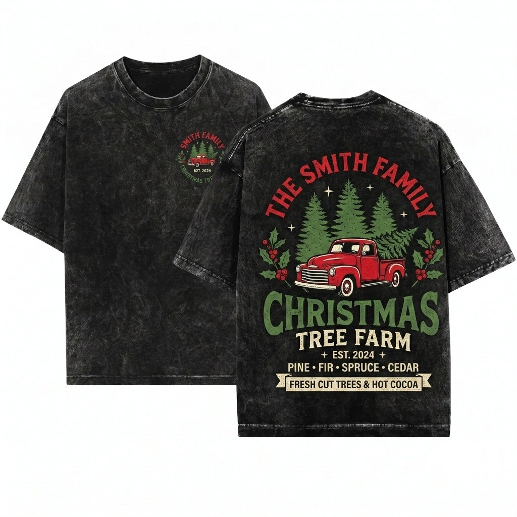 Personalized Family Matching Christmas Tree Farm Holiday Group Unisex Wash T-Shirt