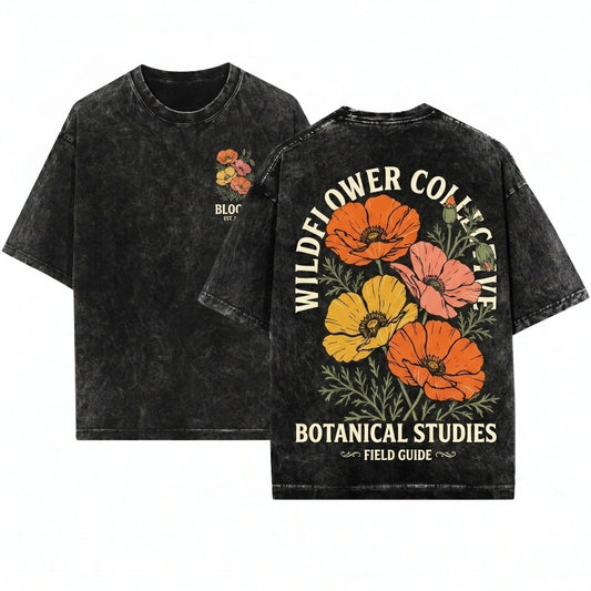 Classic Poppy Flower Graphic Wildflower Botanical Nature Vintage Cottagecore Garden Style Bloom Gift Unisex Wash T-Shirt