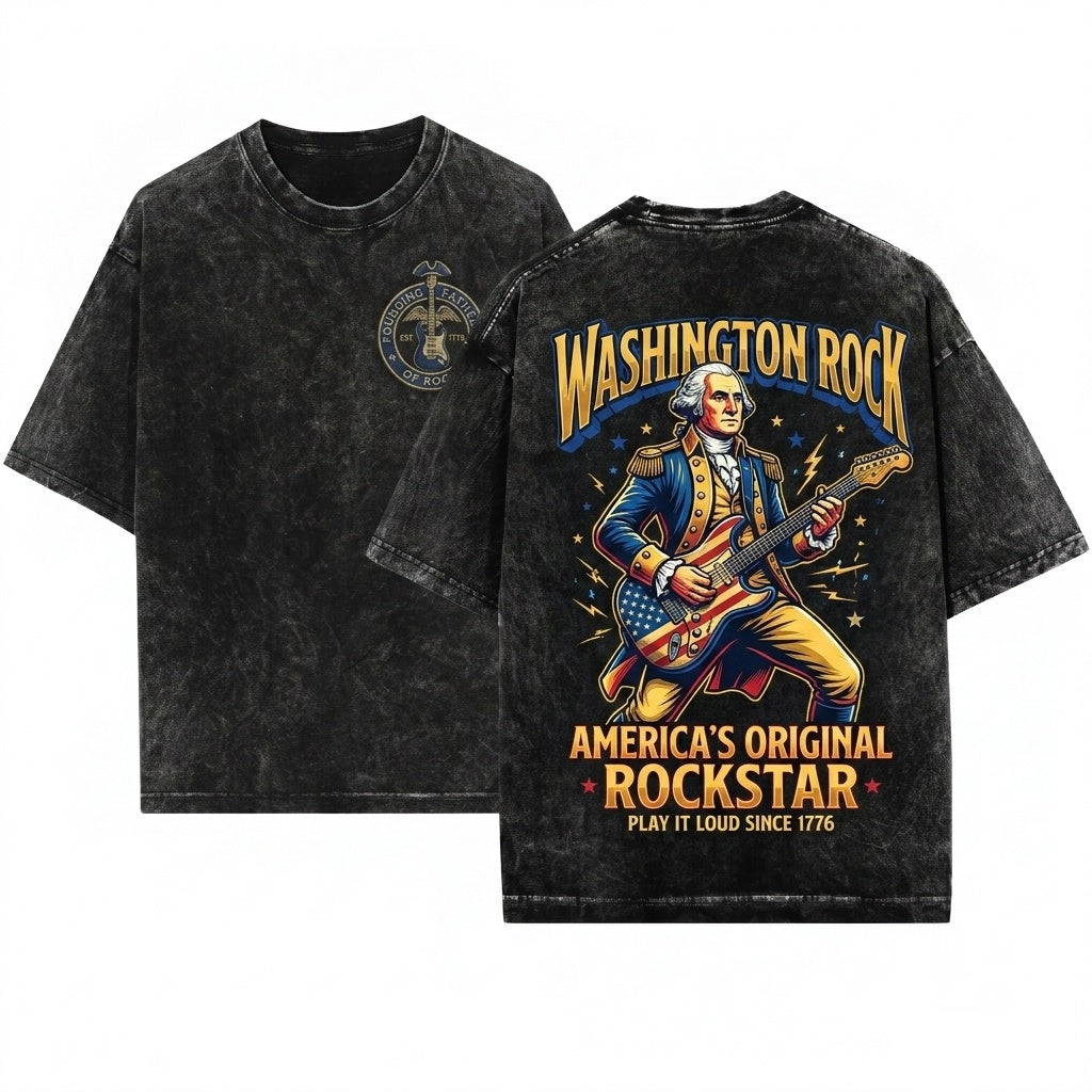 Funny George Washington Playing Guitar Vintage America Rocker Patriotic Retro 4th Of July Unisex Wash T-Shirt
