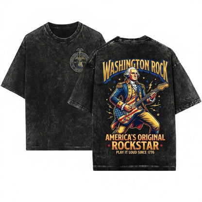 Funny George Washington Playing Guitar Vintage America Rocker Patriotic Retro 4th Of July Unisex Wash T-Shirt