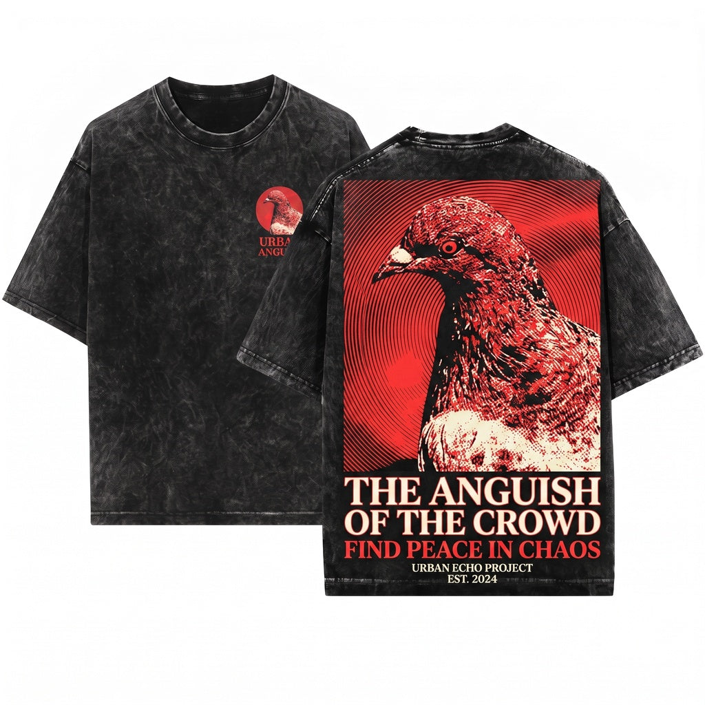 Vintage Oversized Graphic T-Shirt - Acid Wash Pigeon Graphic Heavyweight Cotton Tee Streetwear