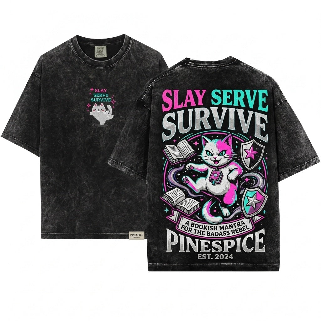 Slay Serve Survive Funny Sparkly Sassy Chaotic Embroidered Cat Gift Unisex Wash T-Shirt