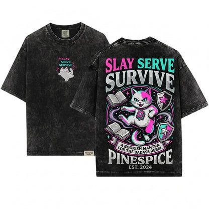Slay Serve Survive Funny Sparkly Sassy Chaotic Embroidered Cat Gift Unisex Wash T-Shirt