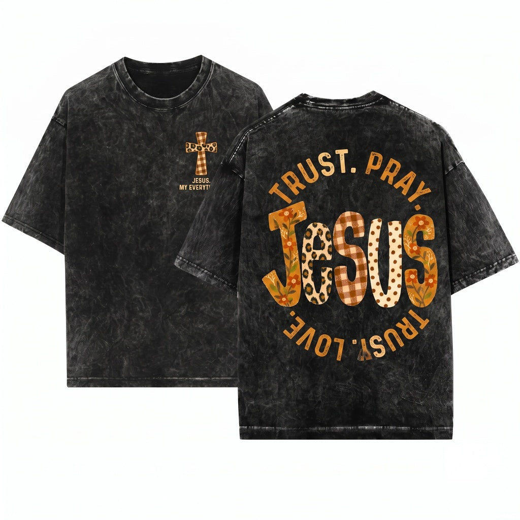 Fall Floral Leopard Gingham Jesus Retro Christian Boho Faith Graphic Thanksgiving Gift Unisex Wash T-Shirt
