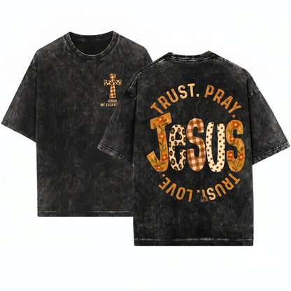 Fall Floral Leopard Gingham Jesus Retro Christian Boho Faith Graphic Thanksgiving Gift Unisex Wash T-Shirt