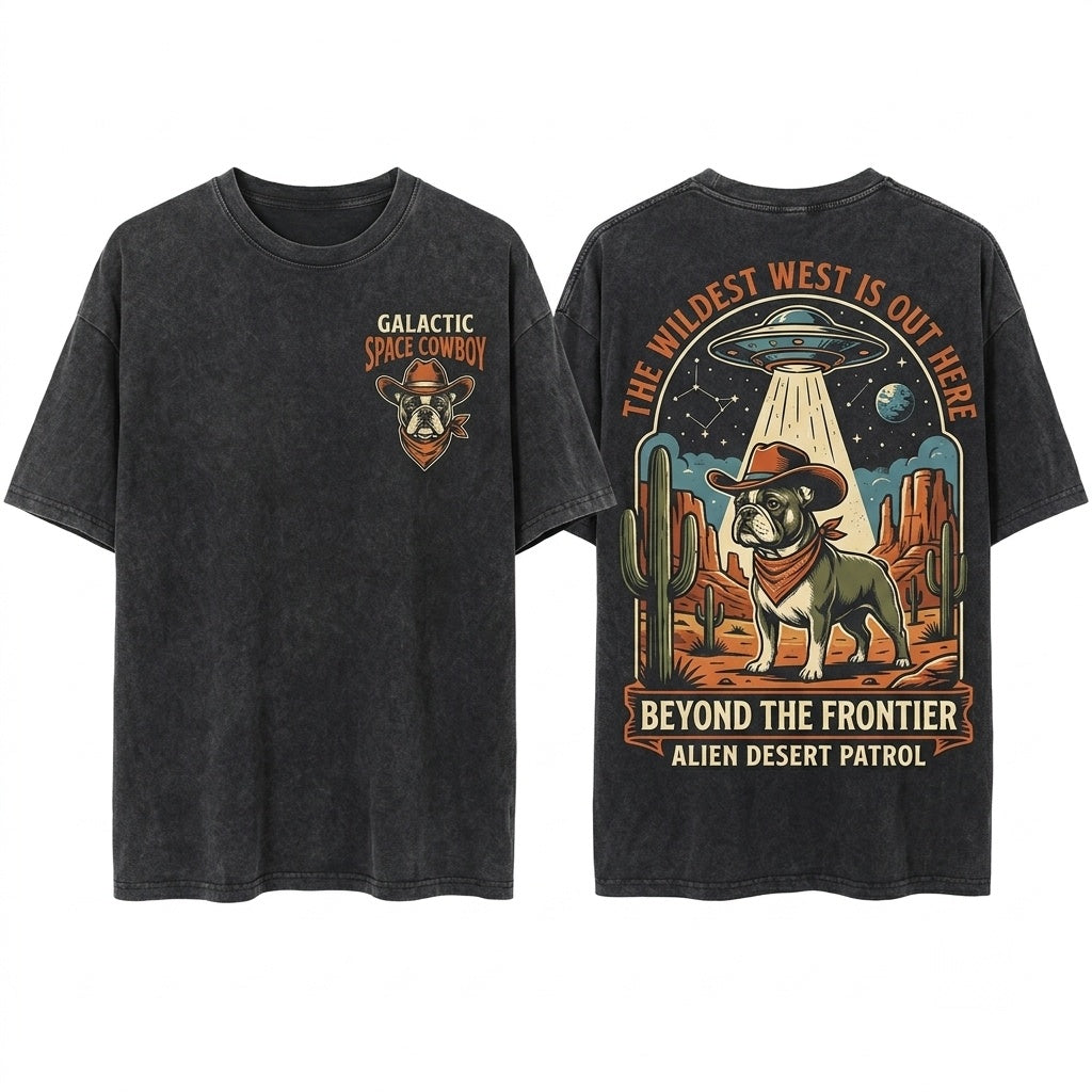 Vintage Cowboy UFO American Bully Pit Dog Retro Western Country Ranch Wild West Mom Dad Gift Unisex Wash T-Shirt