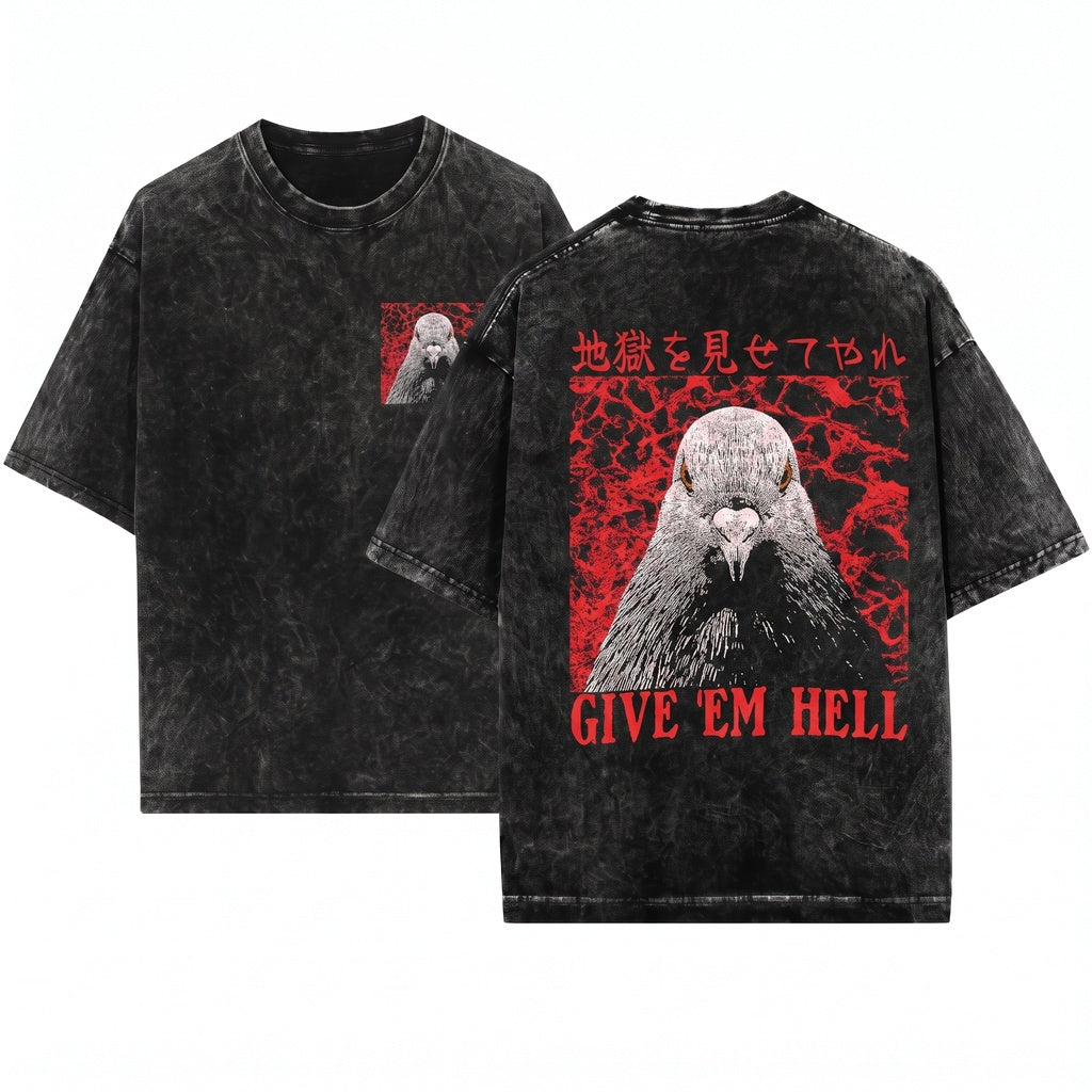 Give Em Hell Retro Japanese Pigeon Graphic Humorous Vintage Unisex Wash T-Shirt